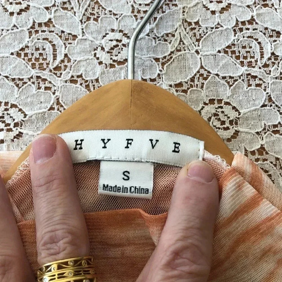 HYFVE Long Sleeve Sheer Turtleneck. Peach & White Marbleized Print Size S - Picture 4 of 10